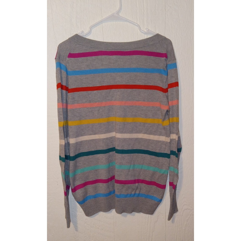 Old Navy V-Neck Sweater Womens Large Grey Multi-Color Rainbow Stripe Fine Gauge - Picture 2 of 8